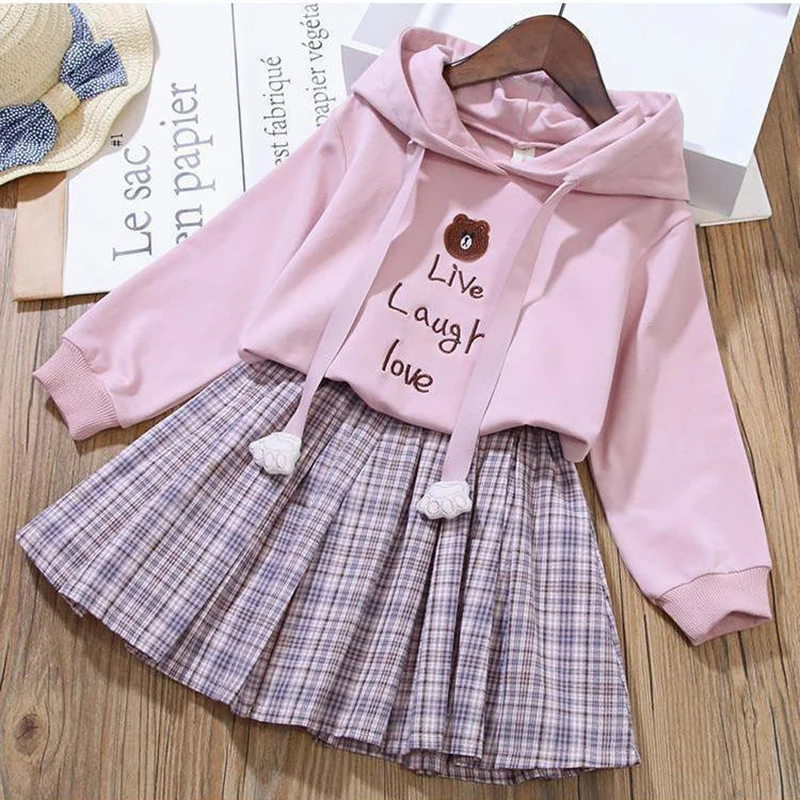 

3-12 Years Spring Autum Girls Clothing Set Cartoon Bear Hoodies + Lattice Pleated Skirt 2Pcs Outfit For Kids Children Present