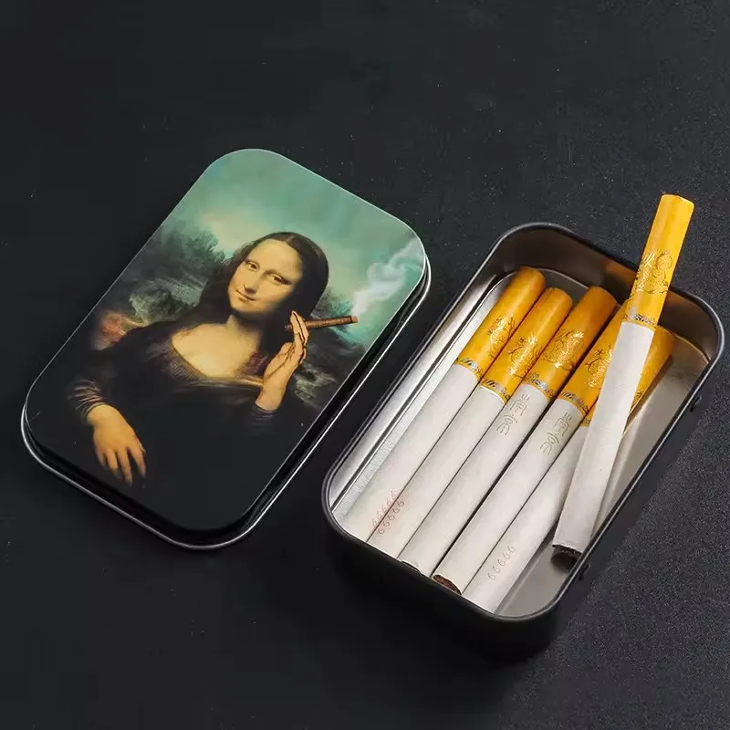 Flip Cap Tinplate Rectangle Cigarette Case Metal Printed Tobacco Humidor Box Rolling Paper Storage Container Smoking Accessory