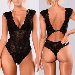 Plus Size 3 XL Bodysuit Underwear Lace Backless Pajamas One Piece Lingerie See Through Petal Edge Underwear Night For Sleeping