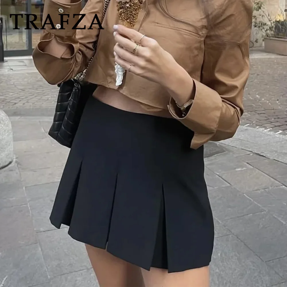 TRAFZA 2024 Spring Summer Women Casual Tierred Mini Skirts Fashion Vintage Solid High Wasit Ruffles Pleated Sexy Shorts Skirts