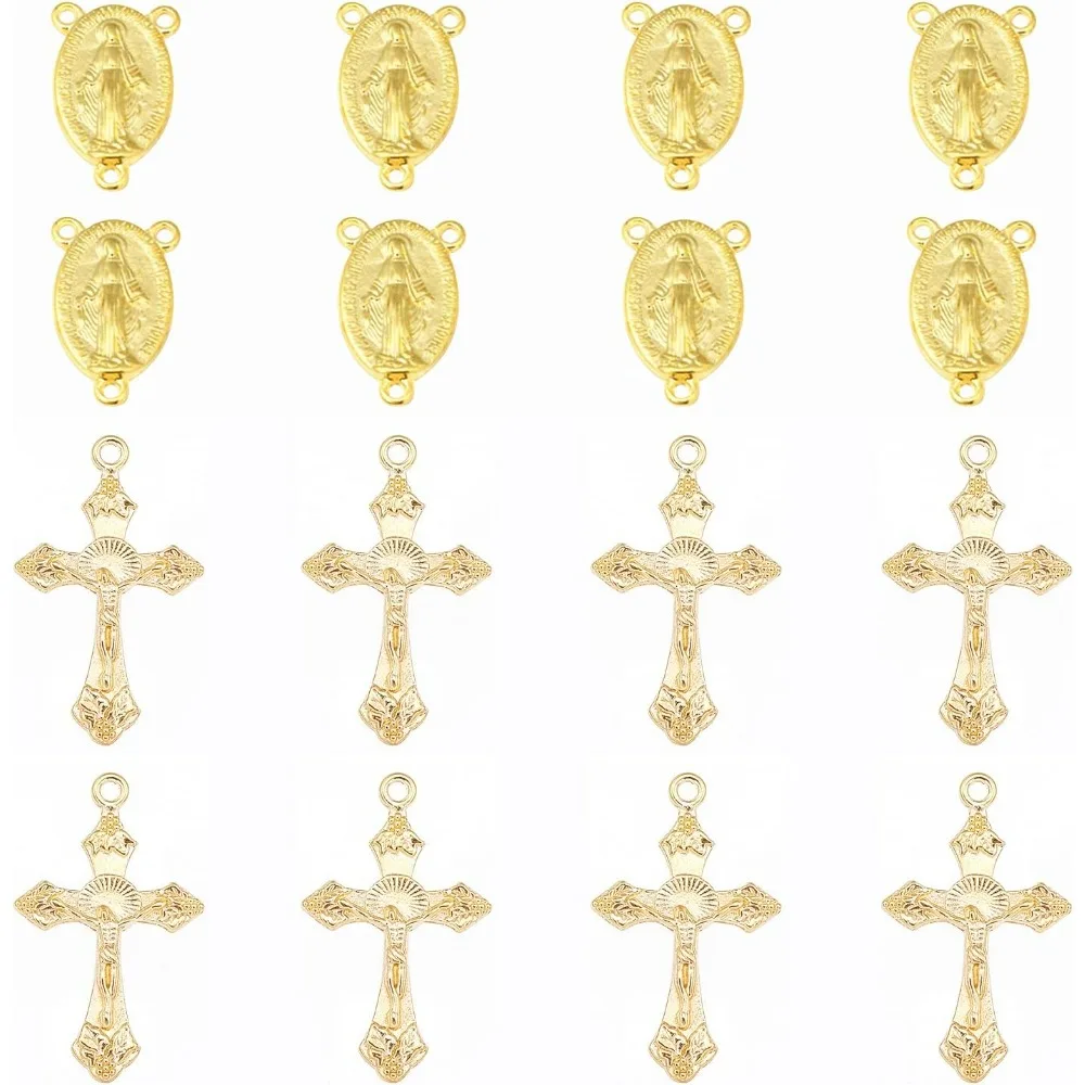 Golden Style Rosary Cross Charms Center Miraculous Medal with Alloy Crucifix Cross Charm Oval Chandelier Gold Links making kit