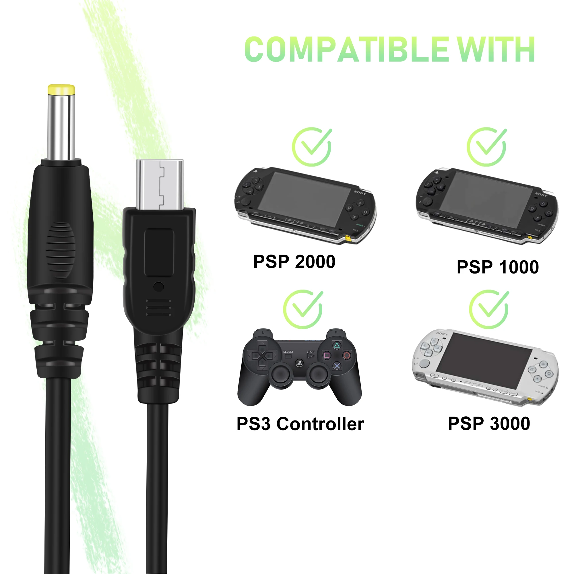 PSP Charger Cable, Portable USB PSP Power Cord & Data Cable for Sony PSP 1000 2000 3000, Charging Cord 2-in-1