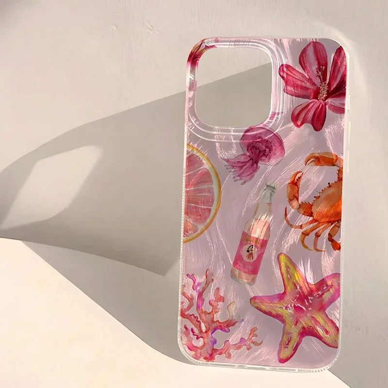 Handyhülle für iPhone 17 13 12 11 16 15 14 Pro Max 16E XS X XR 7 8 Plus Niedliches Rosa Herz Seestern Korallen Quallen Muster Cover – Detail 6