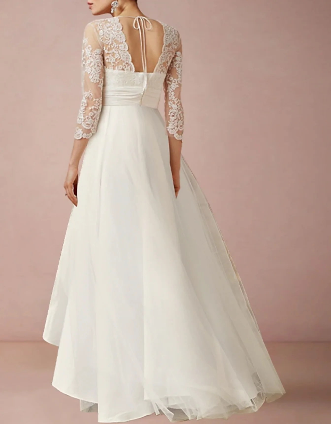 Wedding Dresses Sheath / Column V Neck 3/4 Length Sleeve Asymmetrical Chiffon Bridal Gowns With Pleats Ruched 2024