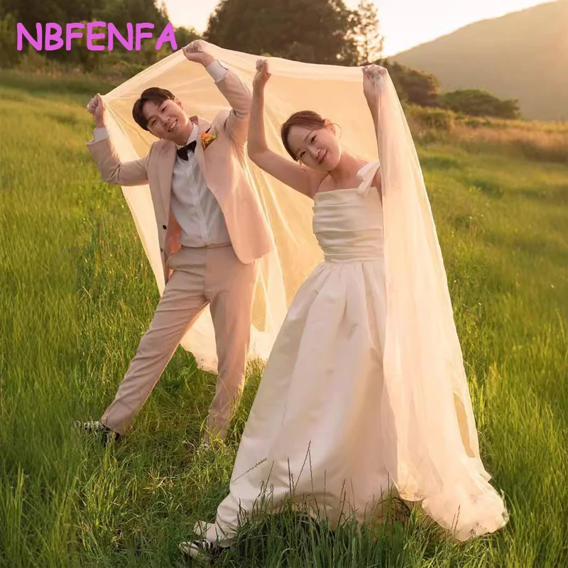 

White Satin Light Wedding Dresses Korean Simple Ball Gown Bridal Photo Shoot Dress Bow Strap Sexy Backless Marriage Dresses