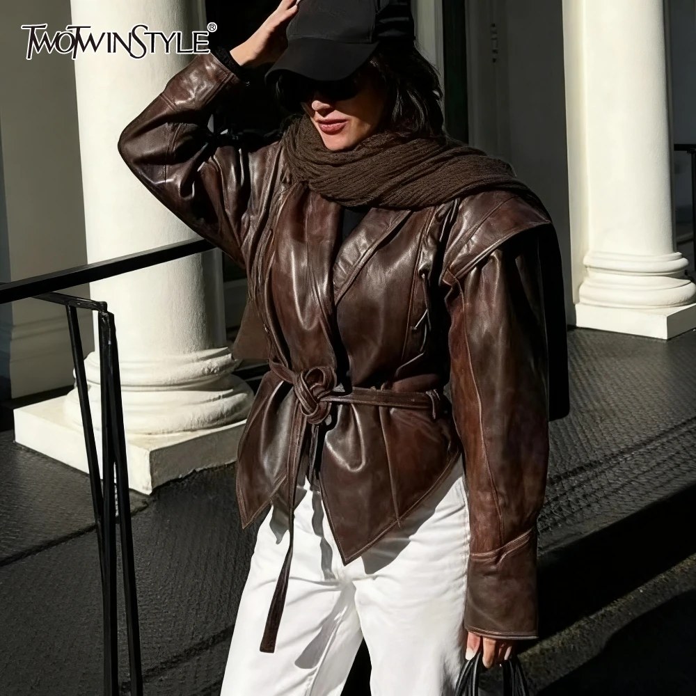

TWOTWINSTYLE Vintage Imitation Leather Jacket for Women V Neck Long Sleeve Spliced Lace Up Street Fashion Style Jackets Female