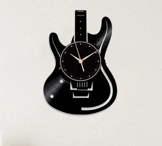 Vintage Guitar Shaped Vinyl Record Wall Clock Remote Control LED Home Wall Decoration Silent Clock Rock Enthusiast Guitar Gift