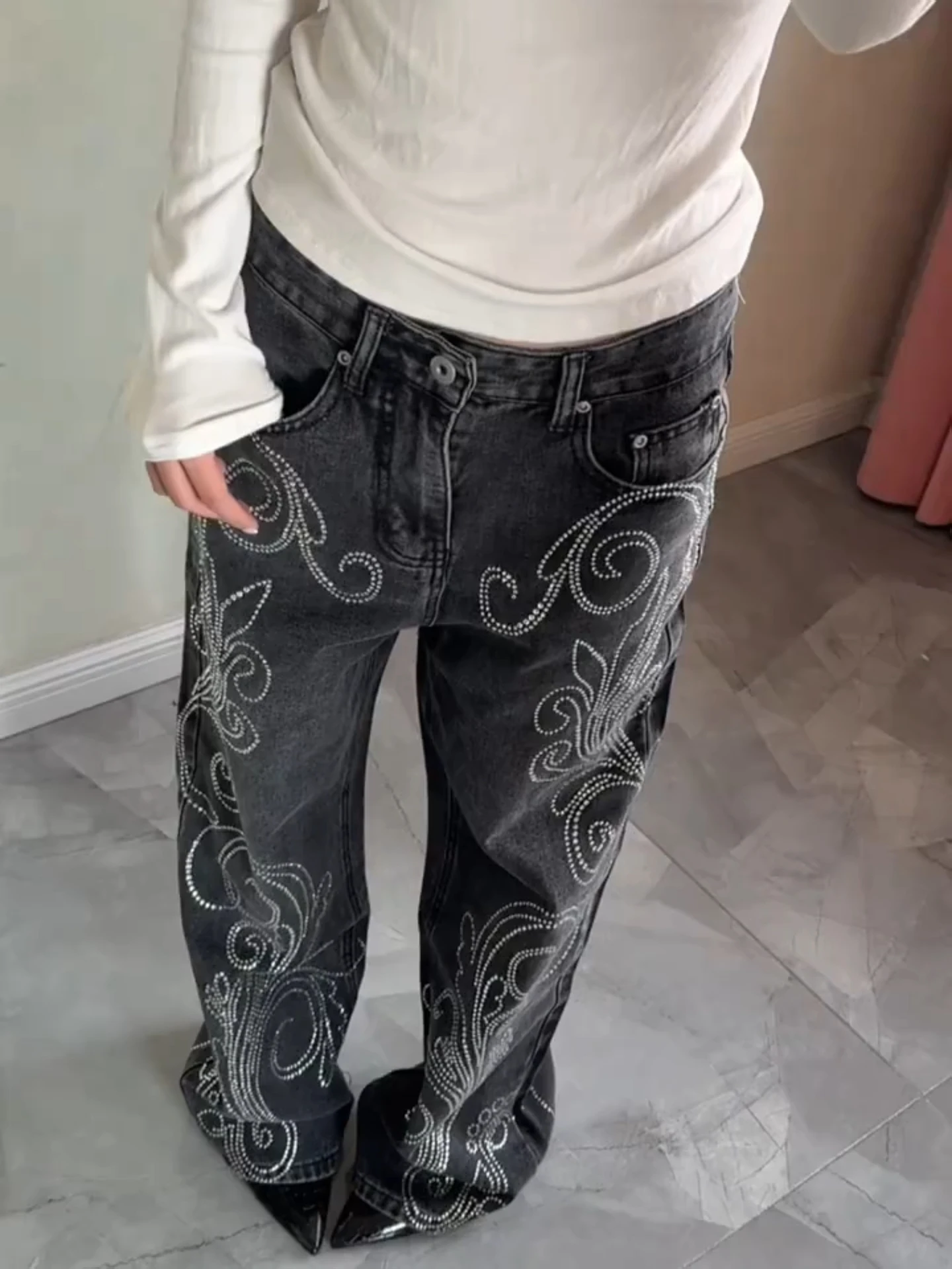

Retro Washed Diamond Embellished Wide Leg Straight Cut Denim Jeans Women's plus Size Punk Style Casual High Waist Jeans
