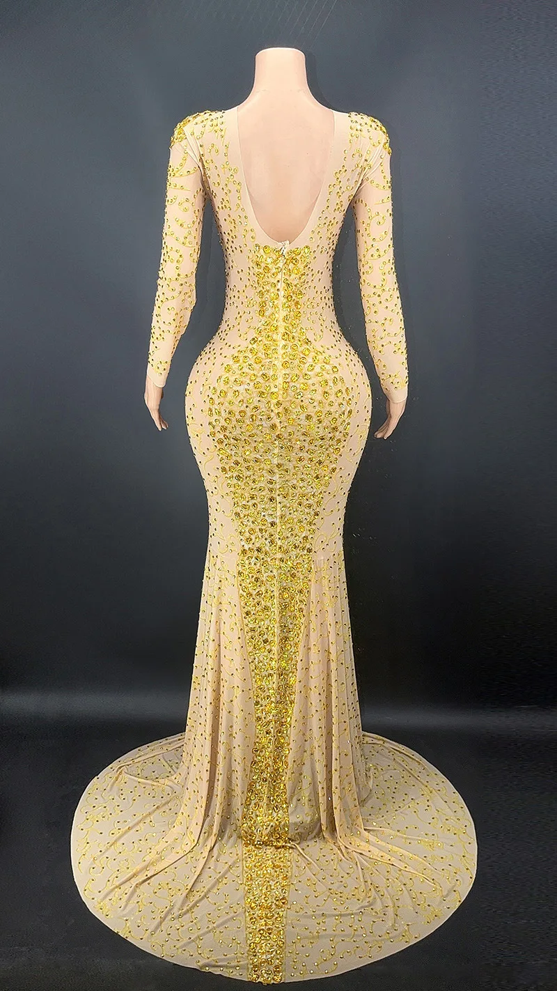 วันเกิดเพชรแขนยาวหรูหราชุด SHINY GOLD PARTY ผู้หญิง Abendkleider Damen Elegant Vestidos De Fiesta Grad
