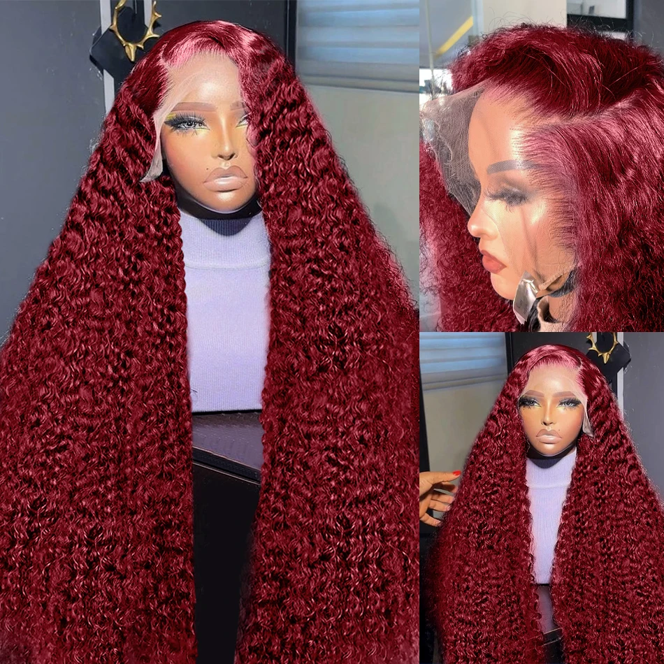 Peluca de cabello humano con malla Frontal, Pelo Rizado rojo, 99j color borgoña, 13x6, Hd, 13x4, sin pegamento, predesplumada