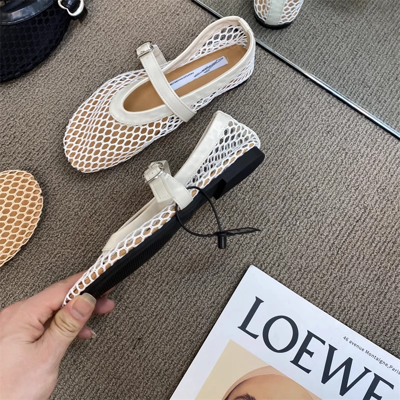 Women's Mary Jane Flats 2026 New Hollow Out Mesh Breathable Fishnet Ankle Strap Casual Summer Sandals image 6