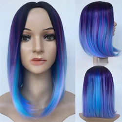 Dyeing gradient wave head blue purple colored wig with medium split mixed color short straight hair