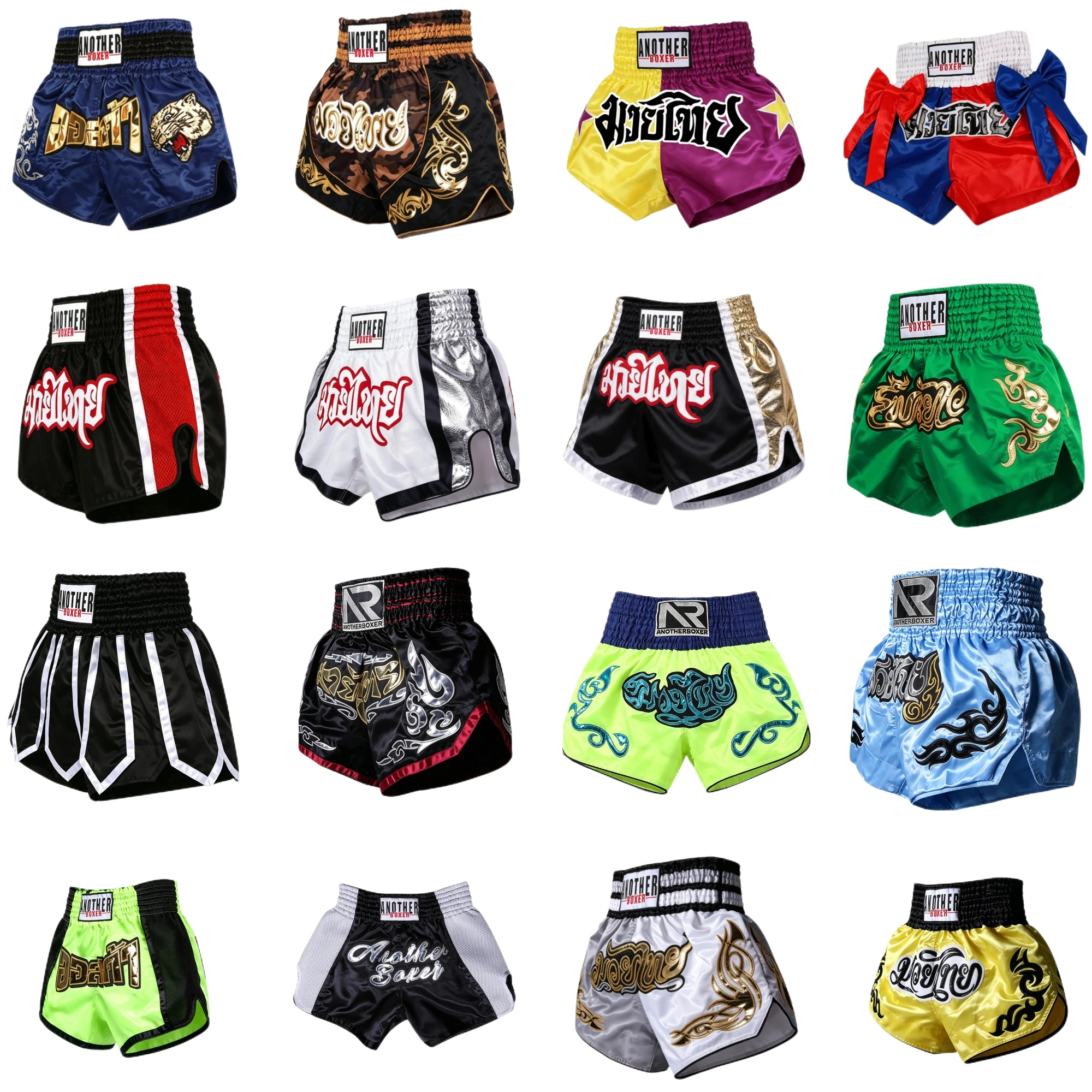 Klassische Thai-Grafik Muay Thai Shorts Lebendige Farben Satin Boxshorts Bestickte Herren Damen Kinder Kickboxen MMA Grappling Hosen