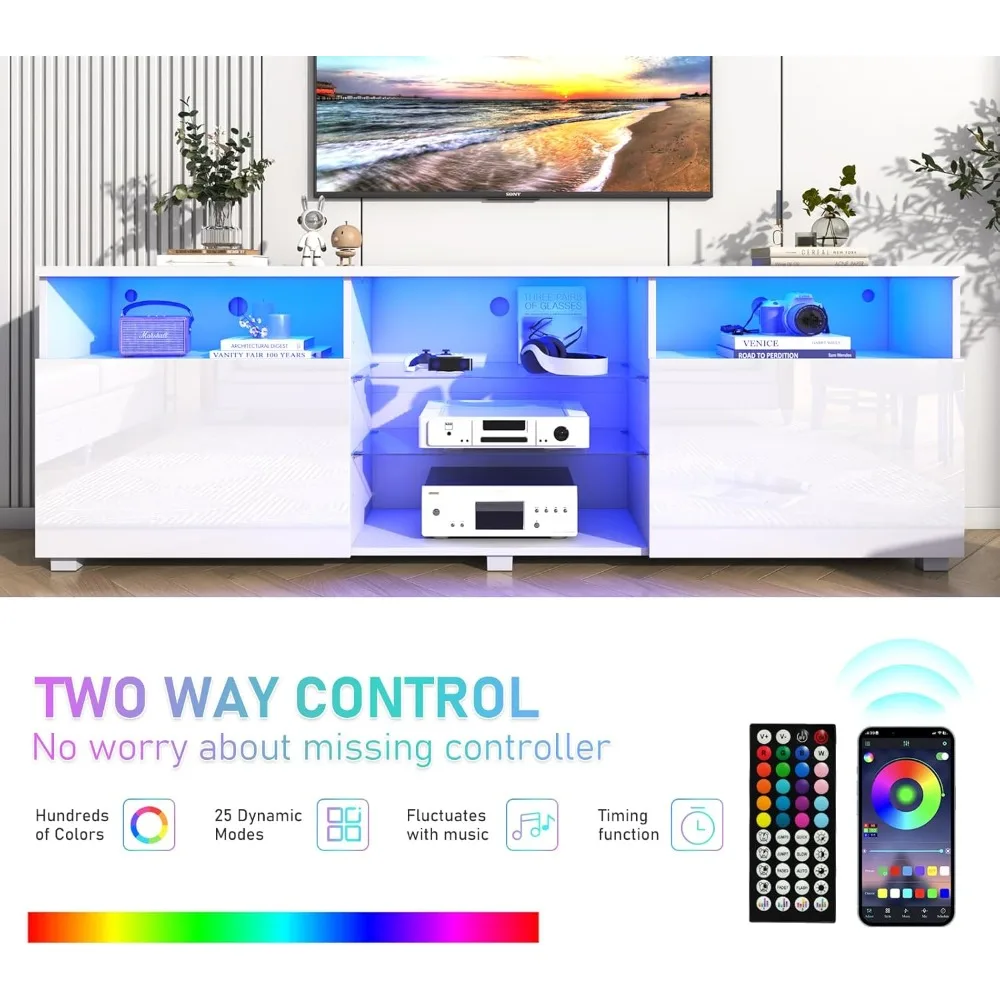 Vinctik 70 inch moderne witglans tv-standaard - hoge opslag voor 75-80 inch tv's, RGB-licht, perfect voor woonkamer