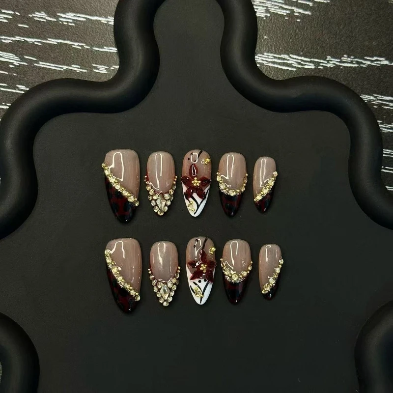 

10PCS Handmade Gold Bead Nails 3D Carved Press on Nails European Hot Girl Style Artificial Golden Diamond False Nails for Women