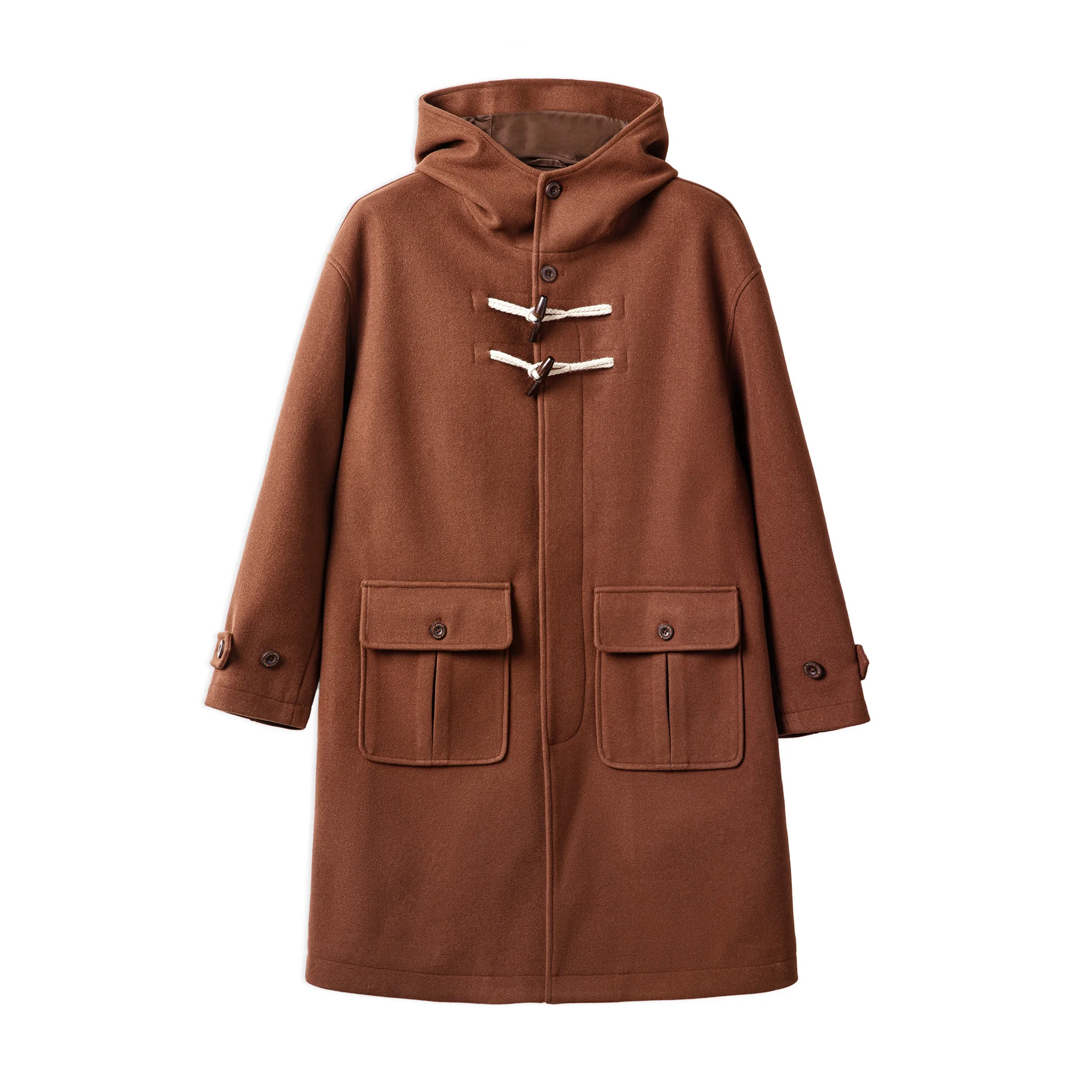 Damski płaszcz Maden, imitacja wełny, z kapturem, gruba kurtka zimowa, średniej długości, w stylu vintage preppy, luźny krój, do pracy, z guzikami z rogu. — zdjęcie 2