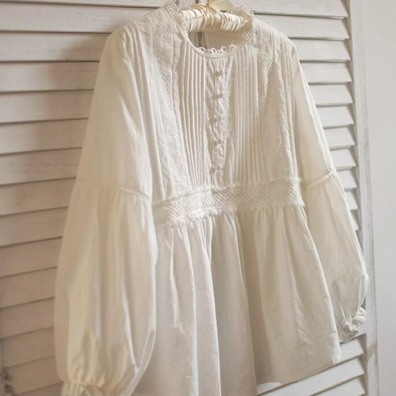 

Korean Style Women's Doll Neck Blouse Fashionable and Versatile Cotton Solid Color Long Sleeved Blouse Women's Work Blouse