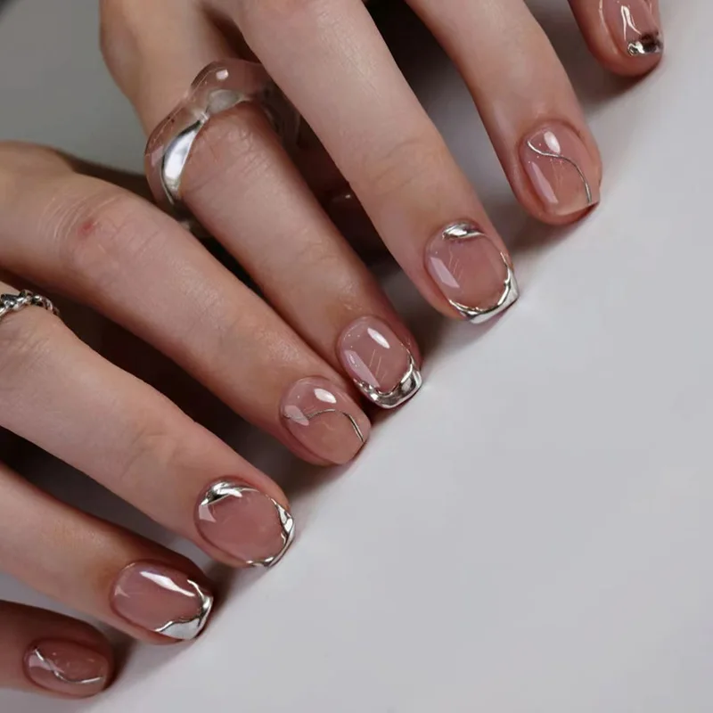 Short fake nails for women girls Nude Square nail tips with golden silver green strips full cover press on false nail art set