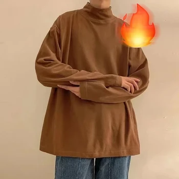 Yasuk-丈夫でカジュアルな無地のタートルネックTシャツ,男性用,ゆったりとしたフィット感,両面ベルベットのセーター,クールな男の子用