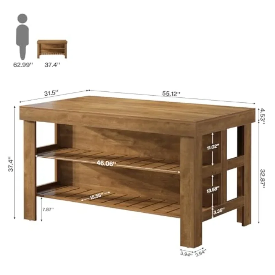 Kitchen island for cooking and dining, solid wood construction, natural oak finish, spacious storage + built-in seating