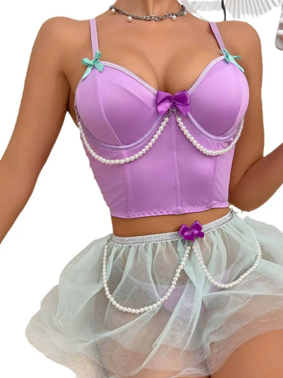 جديد مثير الدانتيل صديرية دائرية تنورة قصيرة شير مثير مجموعات شبكة شفافة Bowknot تنورة الرغبة النقية الساحرة أنيقة تنورة مجموعات L3IF #4