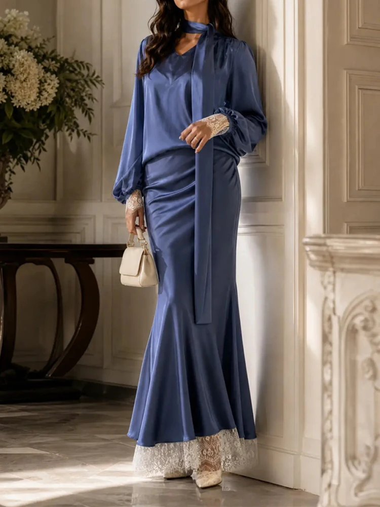 2026 Autumn Casual Loose Club Party Outfit Temperament V-Neck Top+Skirt 2pc Set Lady Elegant Solid Long View Ribbon Hug Hip Suit