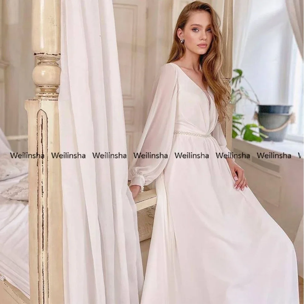 Robe De Mariée fourreau élégante, col en V, manches longues, en mousseline De soie, personnalisée, ceinture à lacets, été, 2025