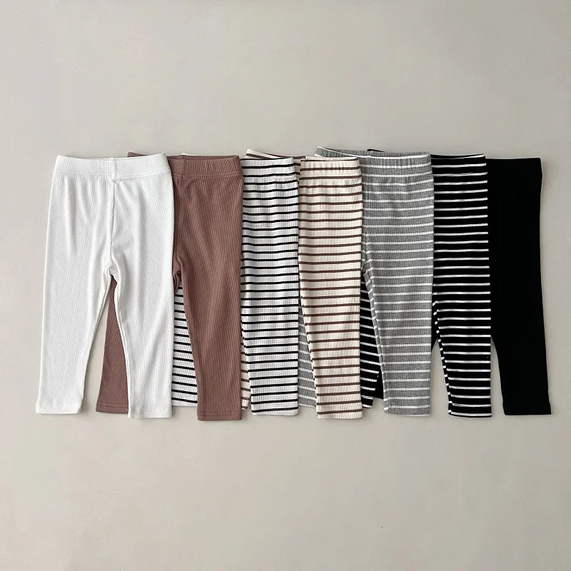 Baby clothes 0-6 year old children\'s pants striped cotton girls solid color leggings casual striped thin new boys elastic pants