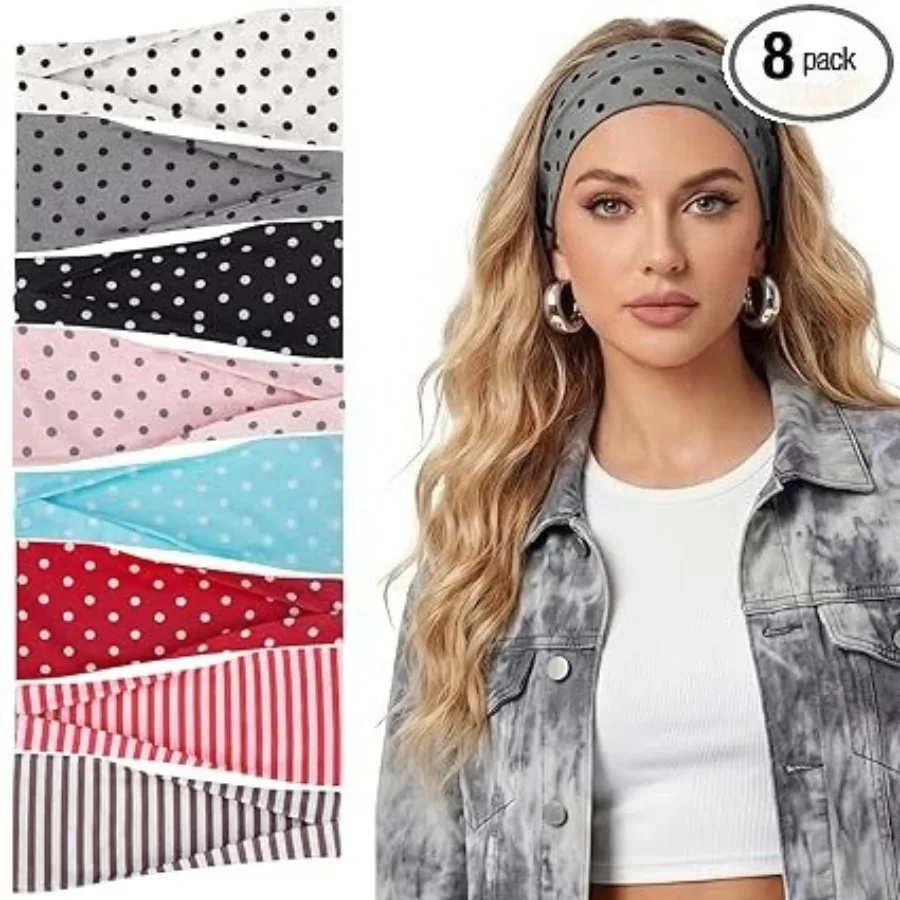 

8 Pack Polka Dot Headband for Retro Y2K Style, Trendy Stripe Hairbands for Festival Outfits Girls Non Slip Head Bands for Women's Hair, polka dots