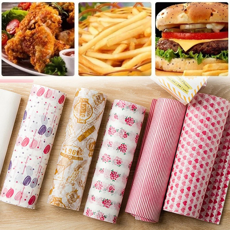 

50Pcs Greaseproof Wax Paper Food Wrapping Sheets for Baking Sandwiches Hamburgers Candy Soap Packaging with Heart Flower Pattern