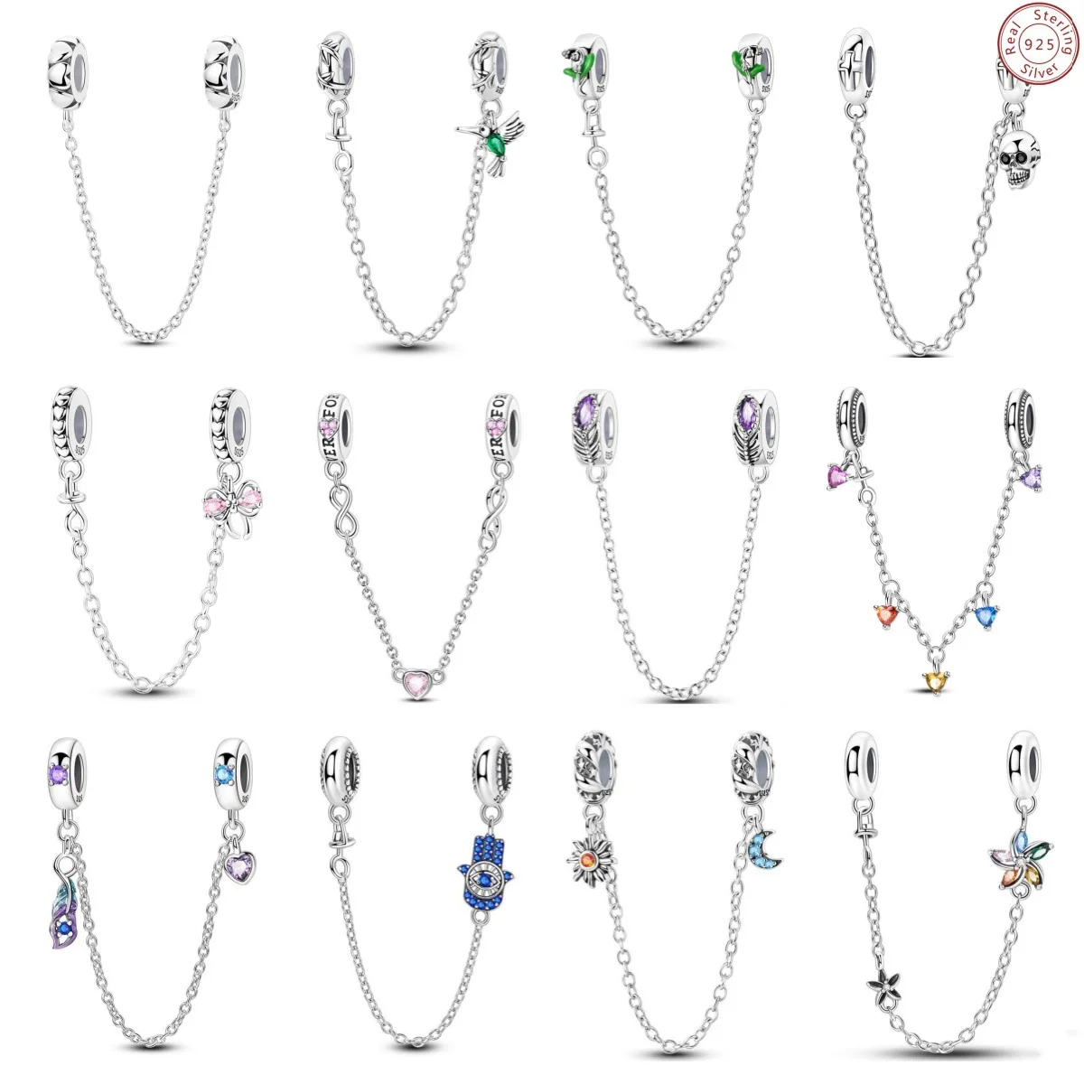 

925 Sterling Silver Safety Chain Star Moon Feather Heart Beads DIY Bracelet Charm Jewelry Accessories for Women