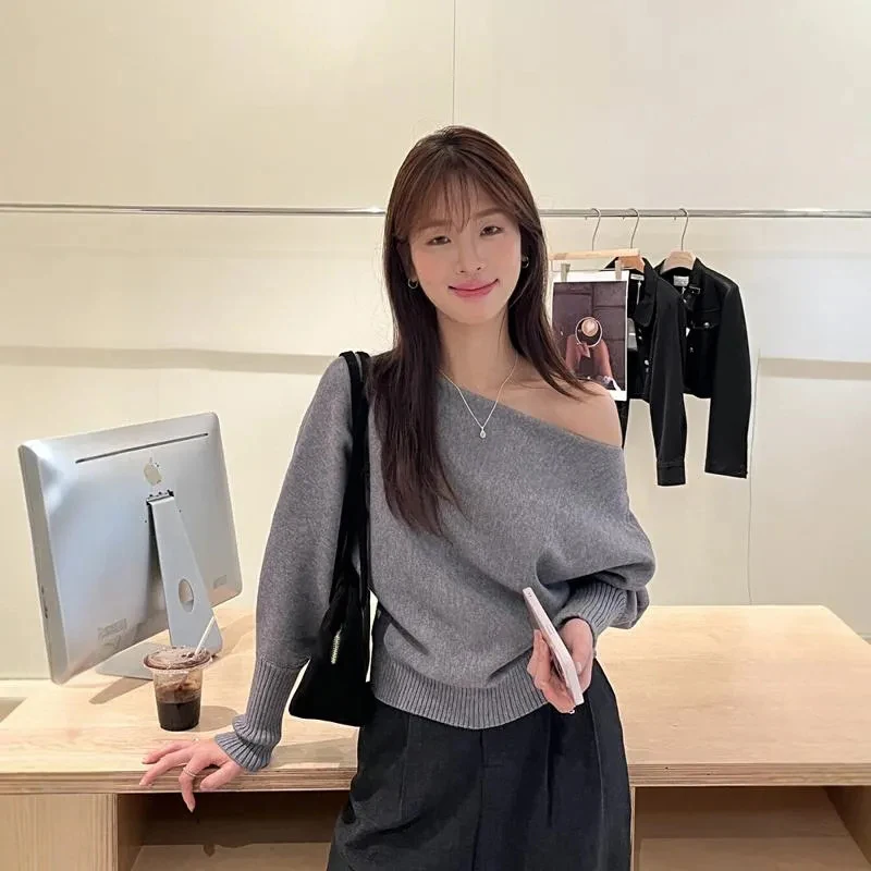 Sexy Off Shoulder Knitted Cropped Sweater Women Y2K Streetwear Solid Pullover Female Korean Chic Slash Neck Long Sleeve Jumper