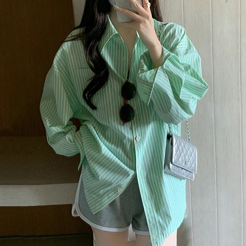 Pink Green Striped Shirt for Women Oversize Button-up Turn-down Collared Long Sleeve Blouse Ladies Tops Spring Summer Outfit