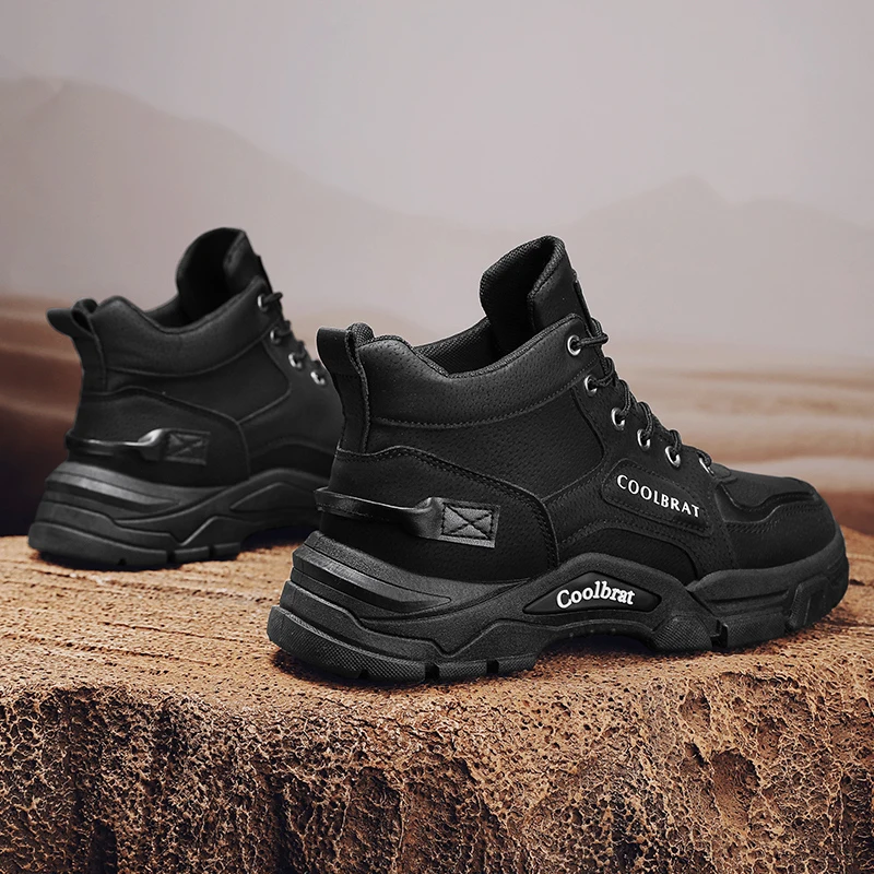 Men High Top Chunky Platform Work Boots, Non-slip Wear-resistant Lace Up Combat Shoes For Hiking Camping Street Daily Wear view 3