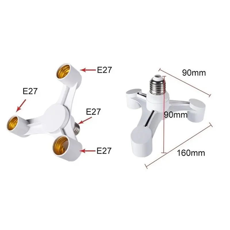 A31T 4X E27 to E27 Extended Lamp Bulb Socket Splitter Adapter, 3 In 1 Convert Lamp Holder for Photo Studio Photography