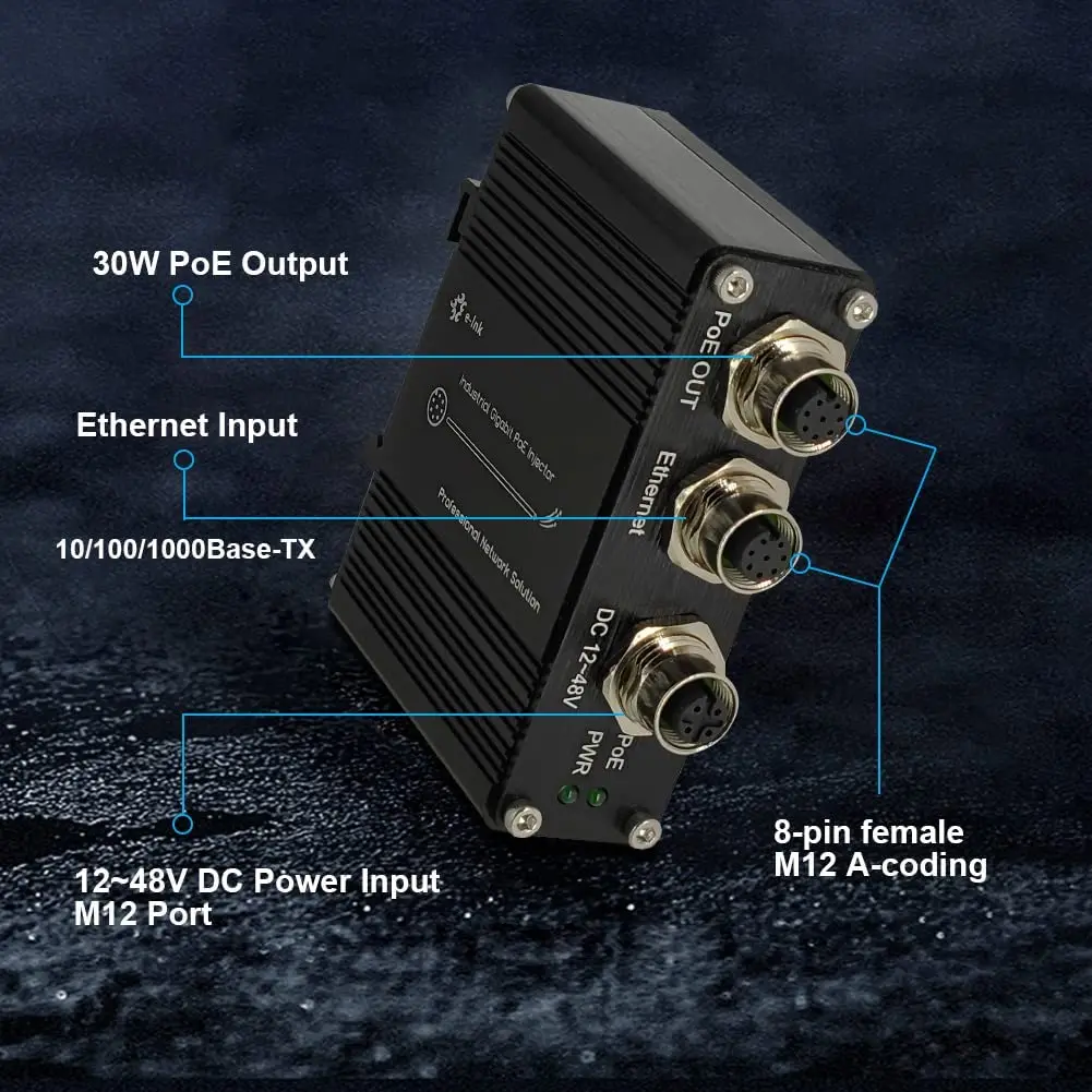 Injecteur PoE industriel M12 Gigabit, 10/100/1000Mbps, adaptateur secteur M12 A-Code, sortie 30W, 802 PG/at