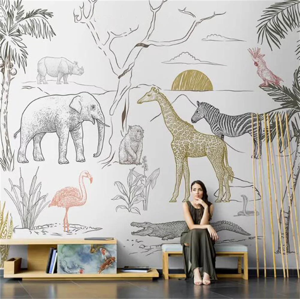 Hand drawn animal children's room wall cloth cartoon environmental decoration room mural bedroom boys and girls 3d wallpaper