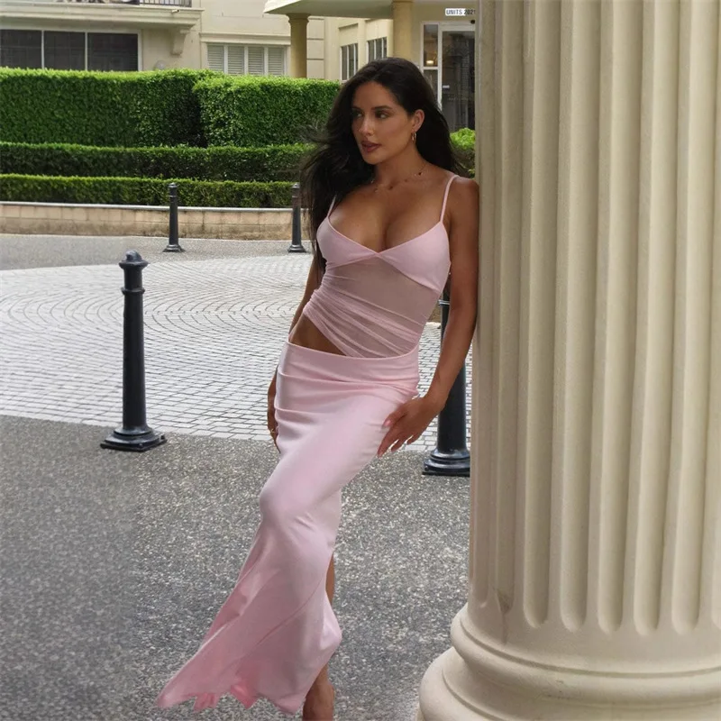 Estate 2025 Gonna lunga in rete con tracolla elastica Borsa Abito sexy da donna alla moda Abito francese elegante con scollo a V senza maniche con ritaglio solido