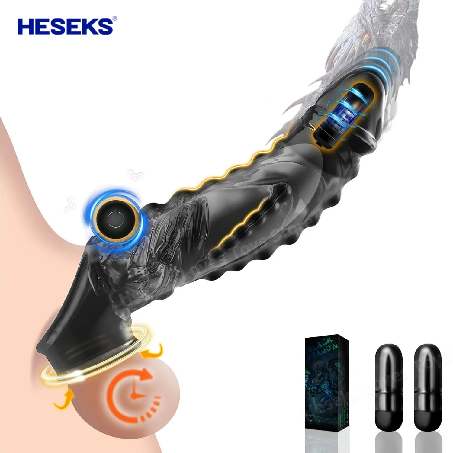 HESEKS 3 in 1 Black Clear Dragon Penis Extender Reusable Vibrating Penis Enlarger Dildos with Two Bullets Vibrators for Couple