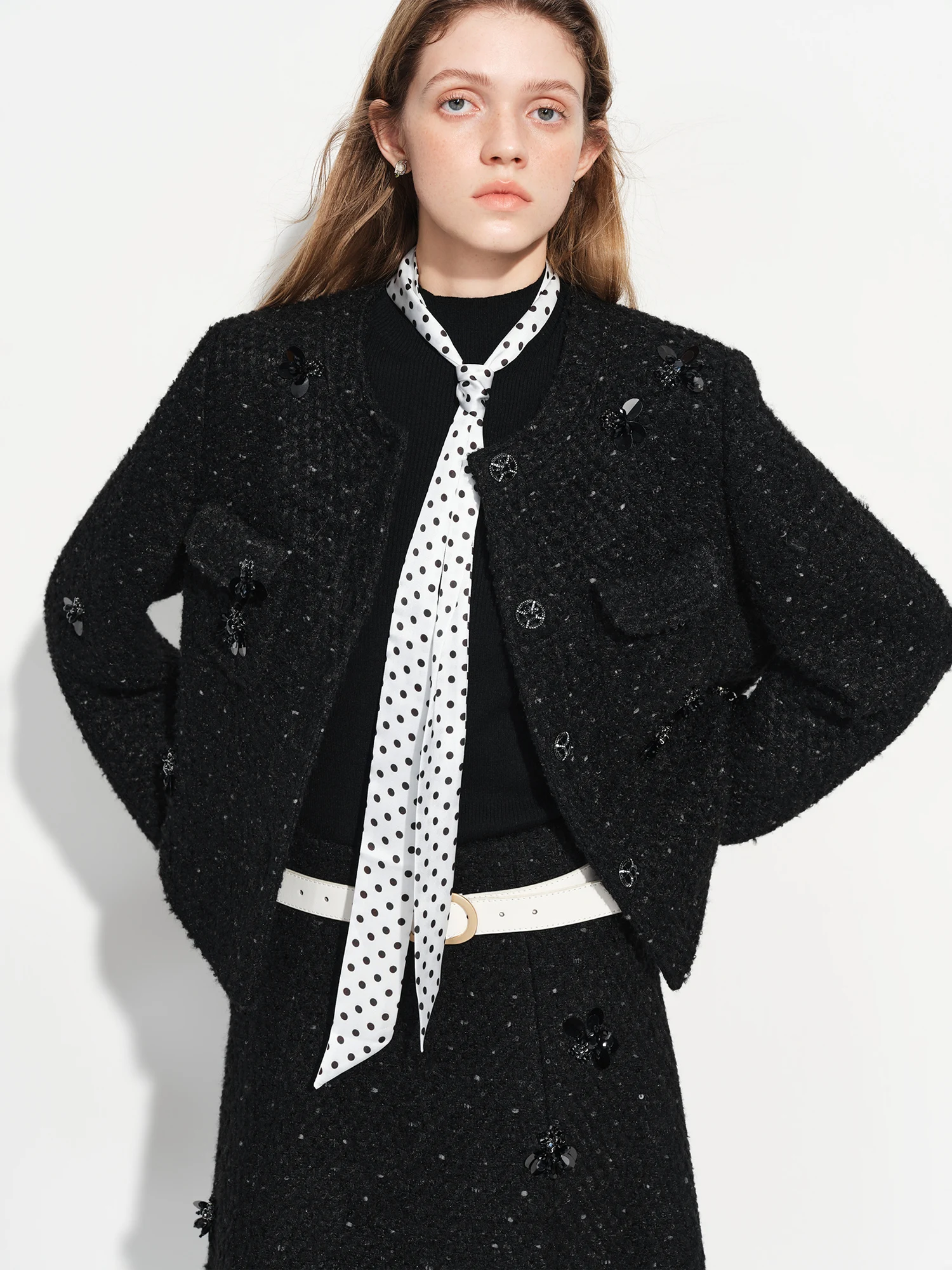 ​FSLE Women's Black Tweed Suit Spring 2026 New Style Two-Piece Elegant Set with Rhinestone-Studded Jacket and Skirt
