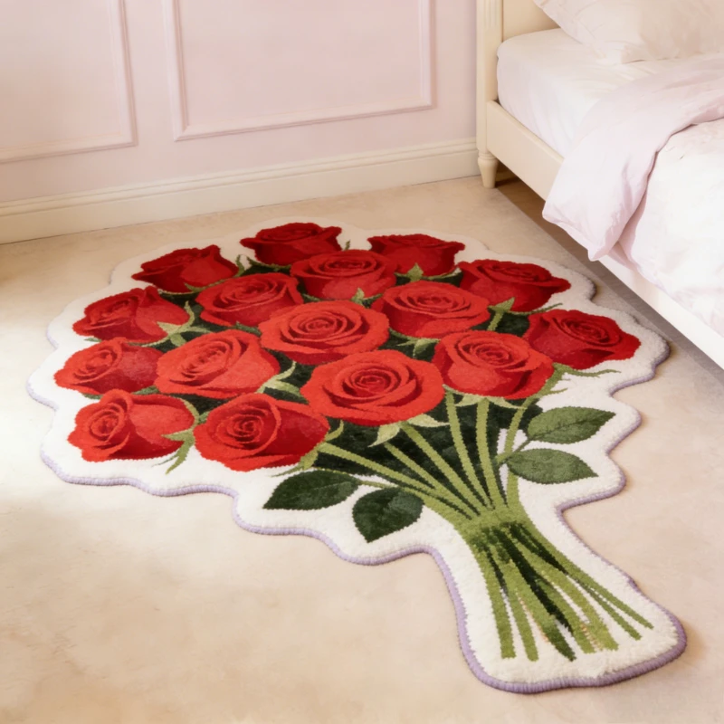 French Style Carpets for Living Room Flowers Bedroom Decor Carpet Fluffy Soft Irregular Bedside Rug Home Cute Plush Floor Mat