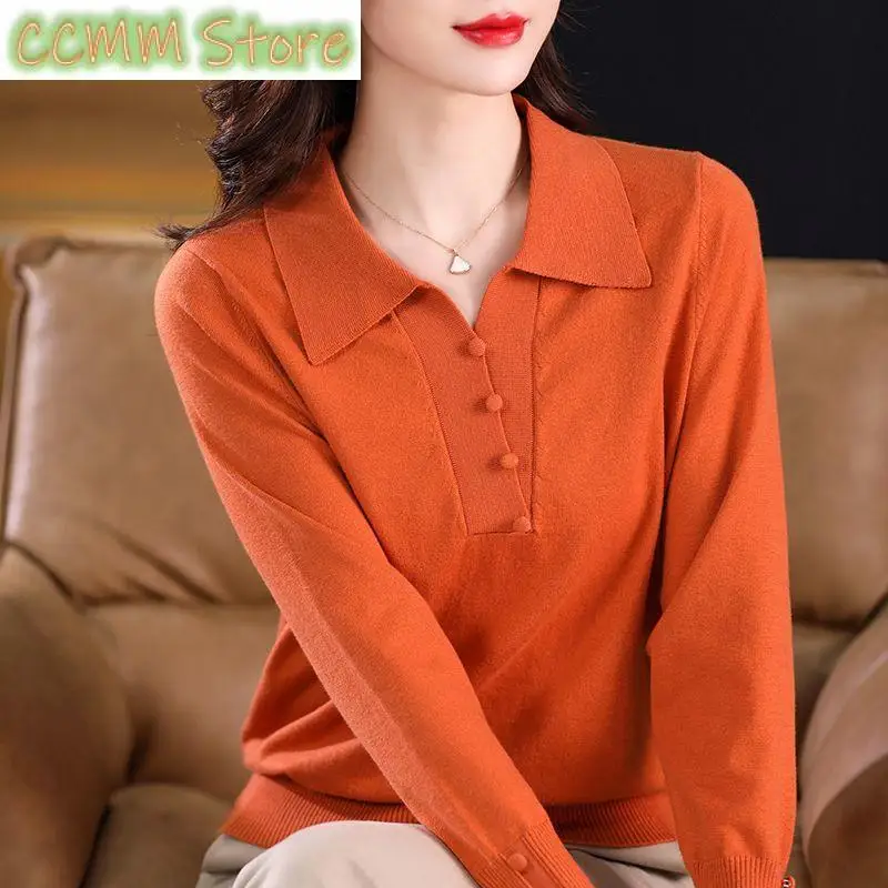 

New Korean Simple Commuter OL Style Sweater Women Solid Polo Neck Button Long Sleeve Autumn Fashion Casual Overlay Slim Knit Top