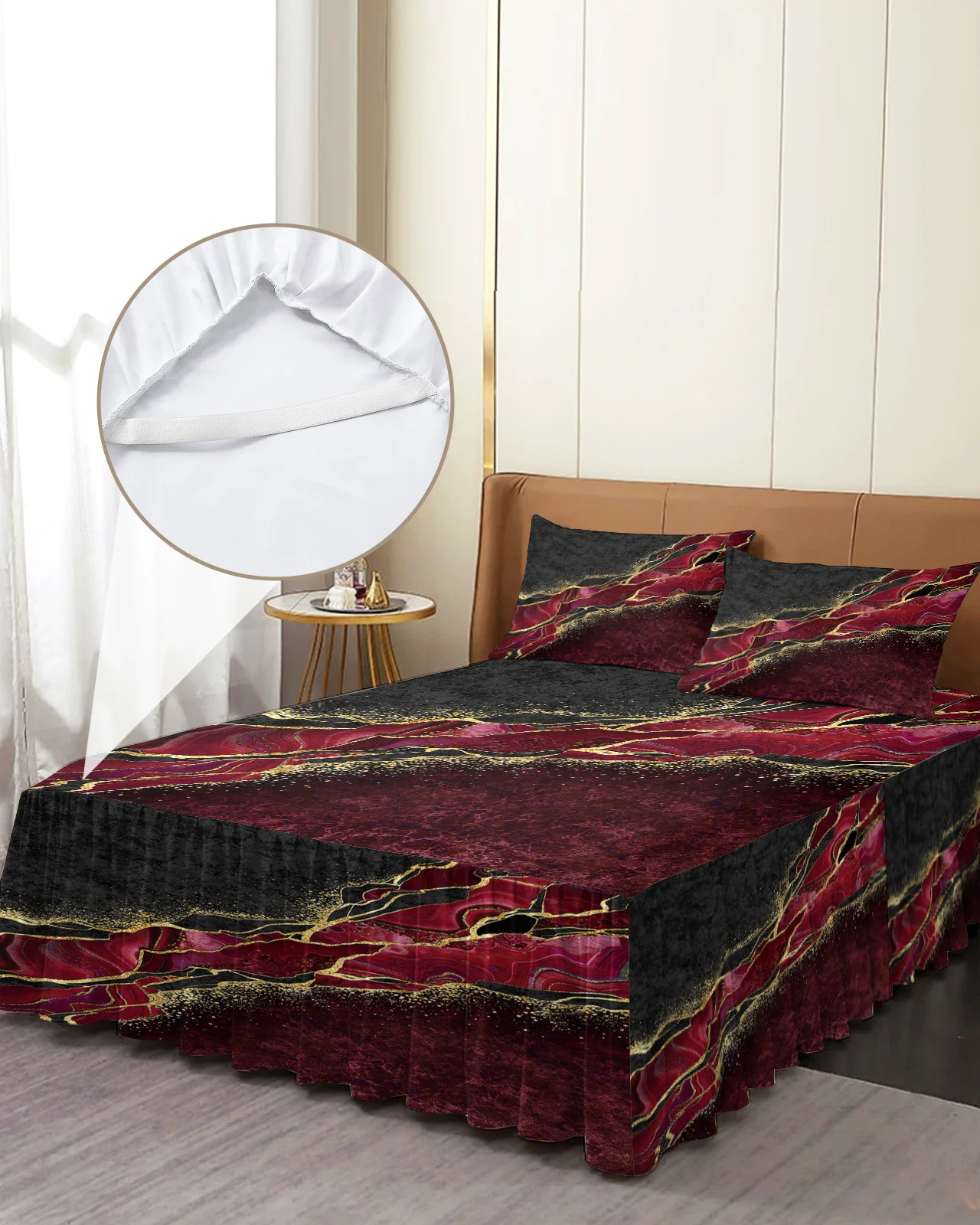 

Abstract Black Marble Red Malachite Bed Skirt Elastic Fitted Bedspread With Pillowcases Mattress Cover Bedding Set Bed Sheet