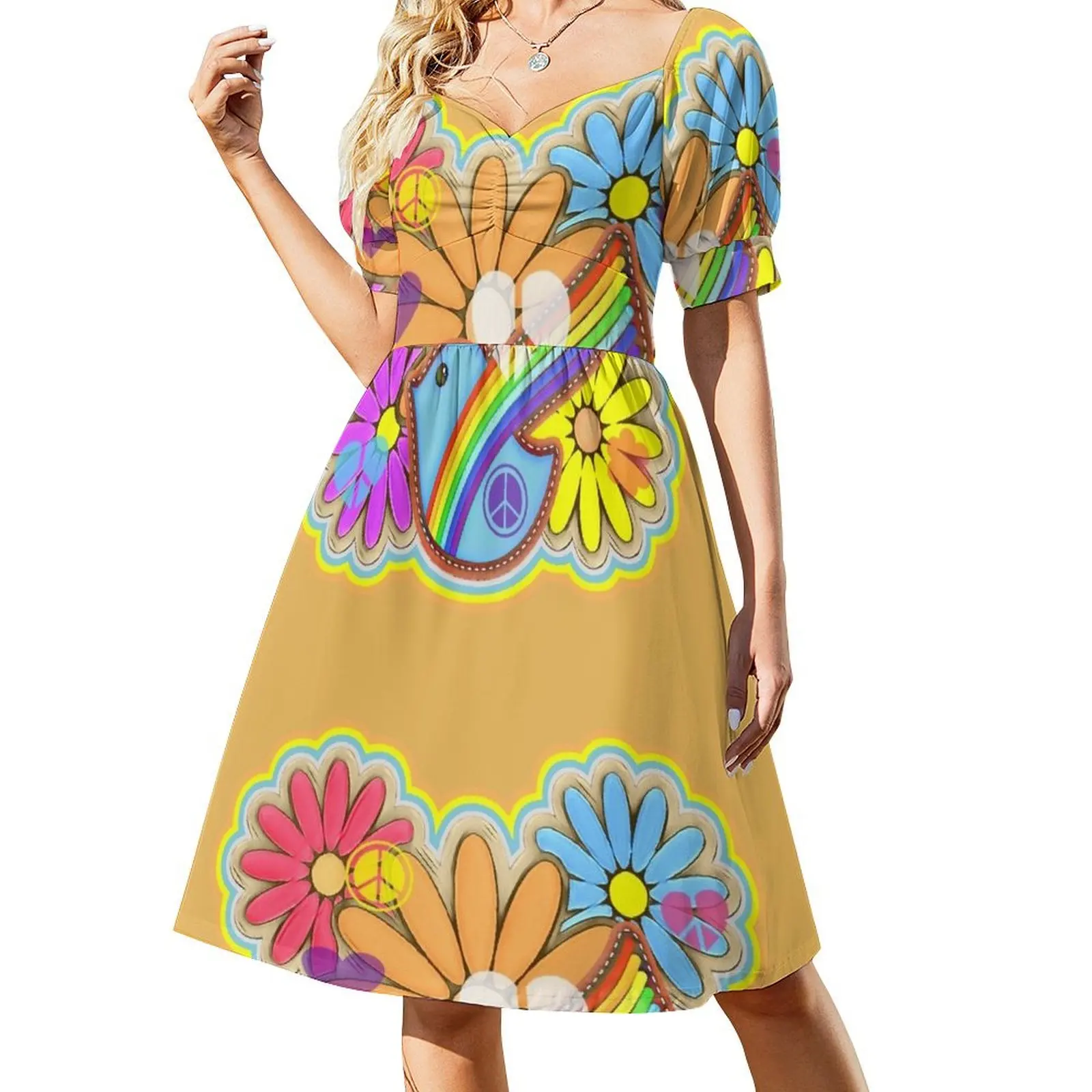 

Flower Power Hippy Retro Dove Design Short Sleeved Dress Dress women dress women summer 2025