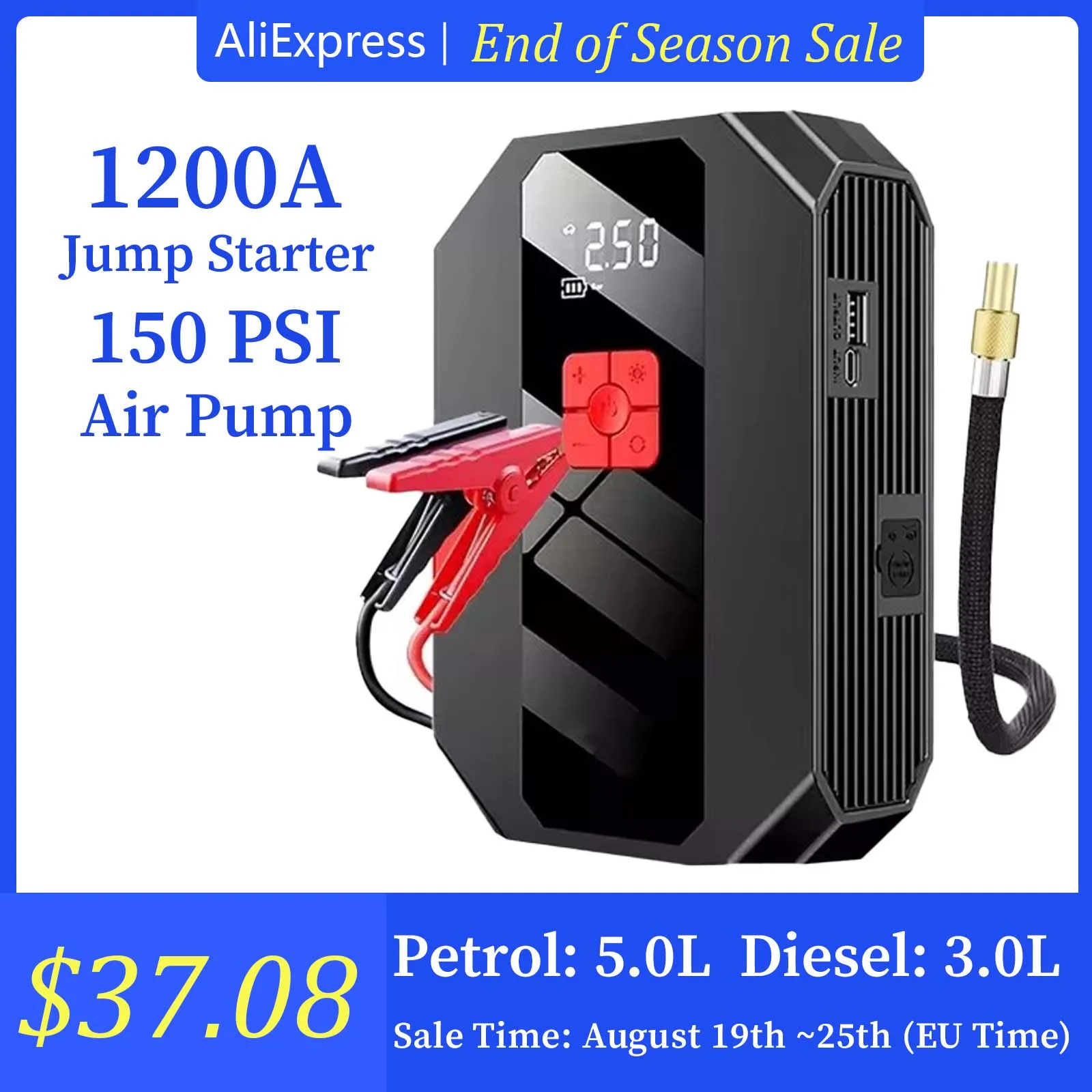 

New 1200A 26800mAh Car Jump Starter 4 In 1 Pump Air Compressor Starting Device Power Bank 12V Digital Tire Inflator 150PSI