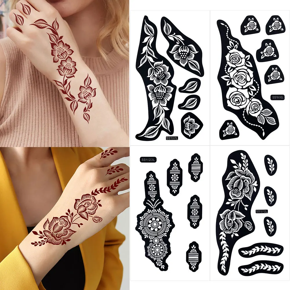 

2 шт., трафареты для татуировок с цветами для рук, шаблоны татуировки хной для женщин, свадебный фестиваль, украшение для рук и пальцев, боди-арта