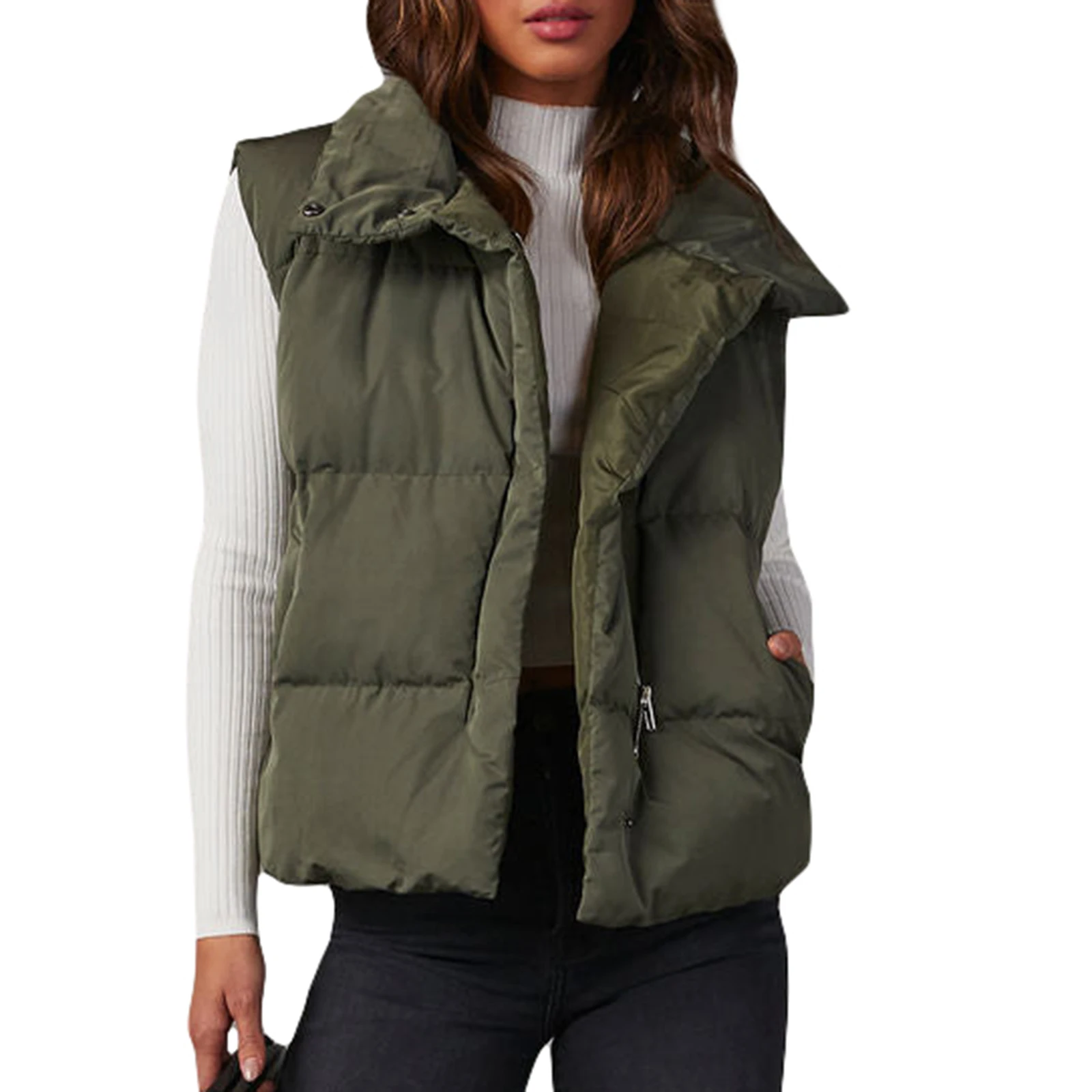 Douhoow Women's Puffer Vest Relaxed Fit Front Zipper Closure and Snap Buttons Jackets Vests Quilte Crop Waistcoat Warm Outwear