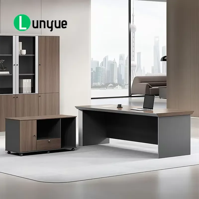 Modern L Shaped Executive Desk Wooden Surface CEO Office Table with Movable Side Locker for Boss Home Workspace Storage