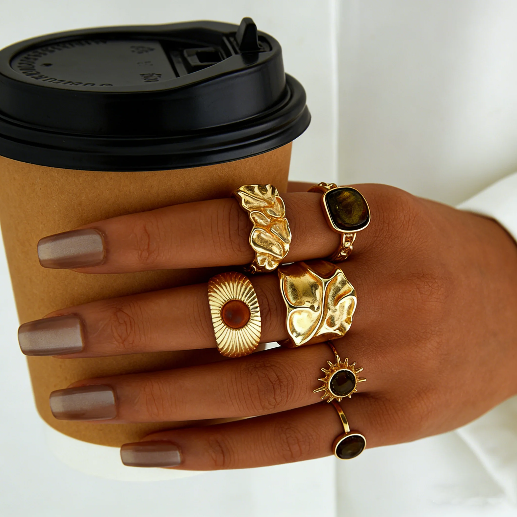 6 Pcs Set Vintage Tiger Eye Stone Ring Set for Women Fashion Gold Color Irregular Sun Flower Open Rings Boho 2026 Jewelry Gifts