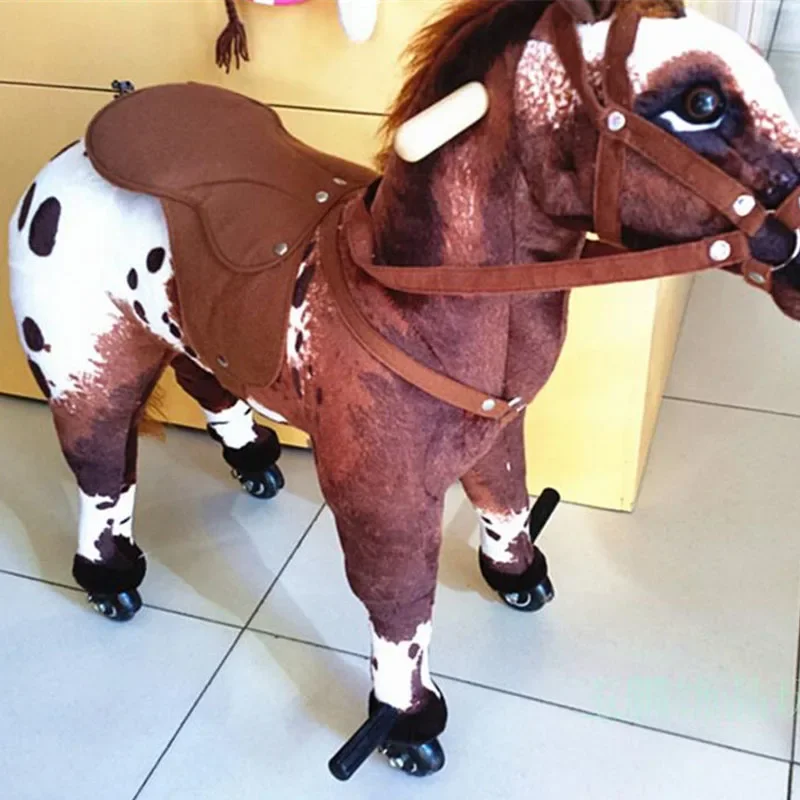 80cm 31inch High Ride on horse plush toy with wheels stuffed animals Trojan Horse moving horse doll for kids